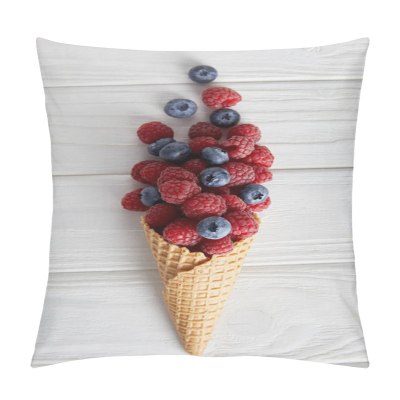 Personality  Top View Of Waffle Cone With Blueberries And Raspberries On Wooden Table  Pillow Covers