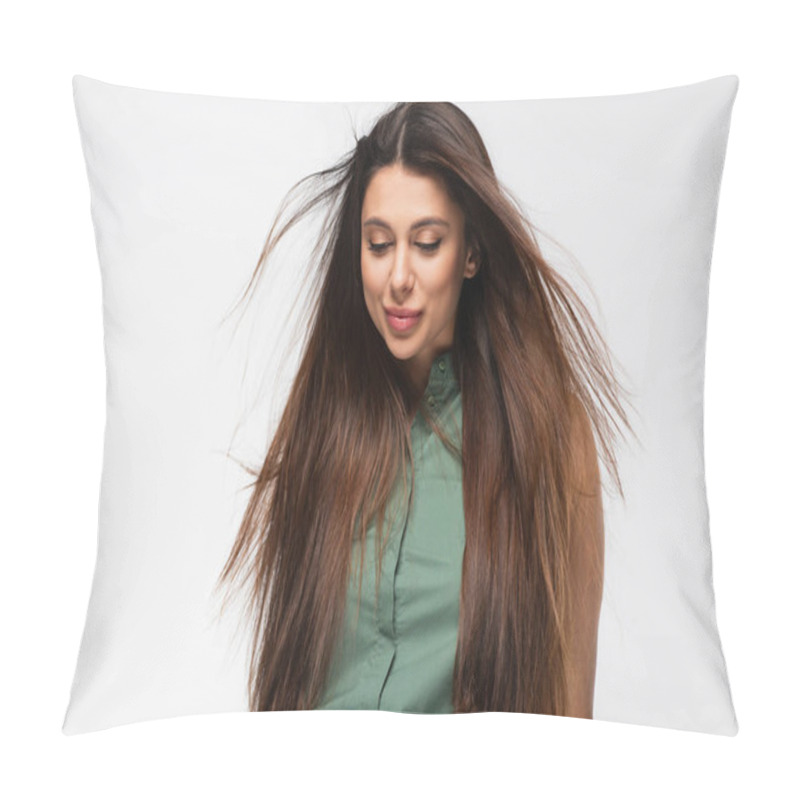 Personality  Young Brunette Woman With Long Hair Smiling Isolated On Grey Pillow Covers