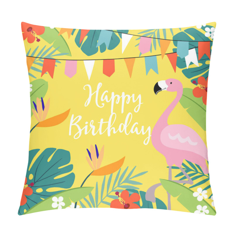 Personality  Happy Birthday Greeting Card, Invitation With Hand Drawn Palm Leaves, Hibiscus Flowers, Flamingo Bird And Party Flags. Tropical Jungle Design. Vector Illustration Background. Pillow Covers