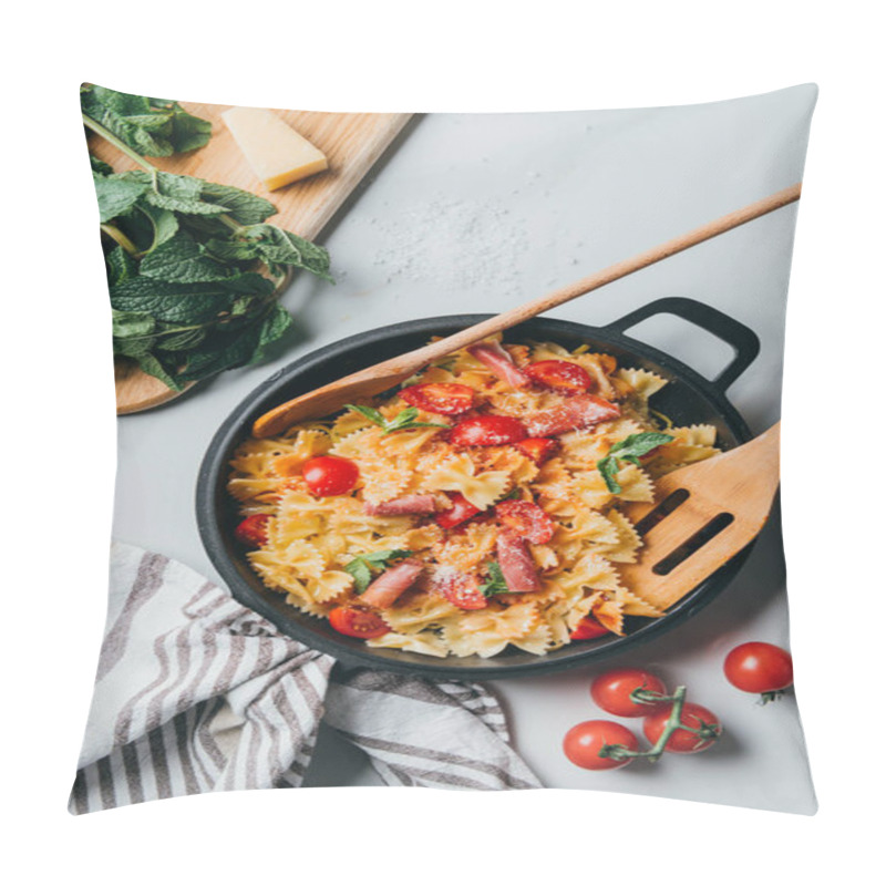 Personality  Elevated View Of Pasta With Jamon, Cherry Tomatoes, Mint Leaves Covered By Grated Parmesan In Pan With Wooden Spatula And Spoon On Marble Table Pillow Covers