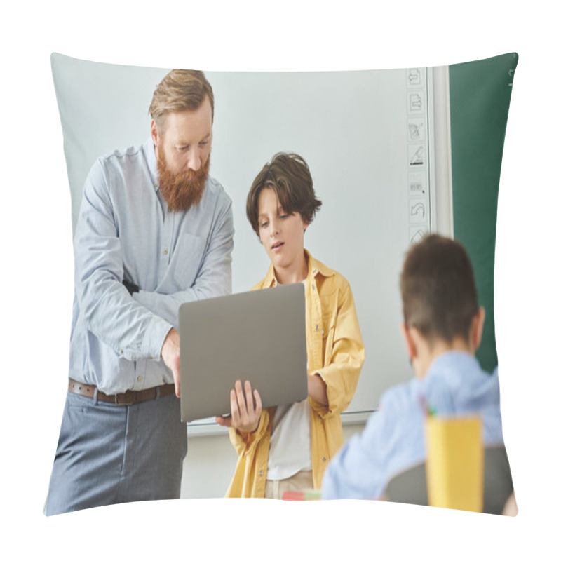 Personality  A Man Stands Confidently In Front Of A Laptop, Teaching A Group Of Kids. The Bright Classroom Setting Adds To The Lively Atmosphere. Pillow Covers