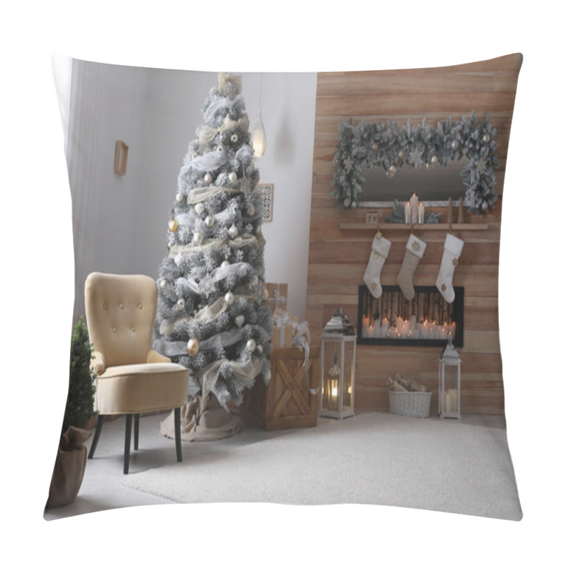 Personality  Festive Interior With Beautiful Christmas Tree And Gifts Pillow Covers