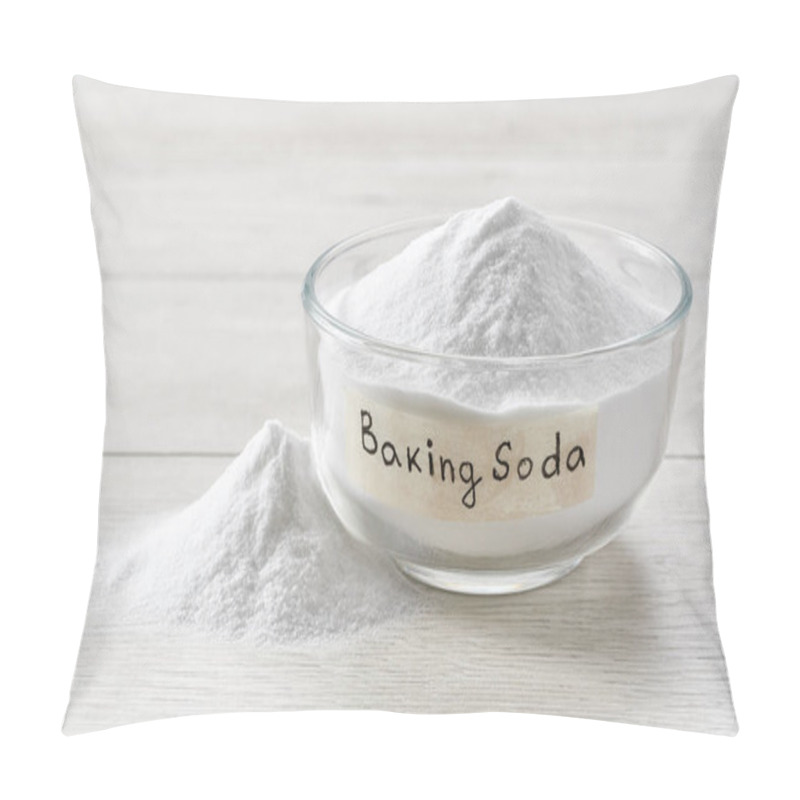 Personality  Baking Soda In A Clear Glass Bowl On A Light Wooden Table. Glass Bowl Of Sodium Bicarbonate On A White Wooden Table. Pillow Covers