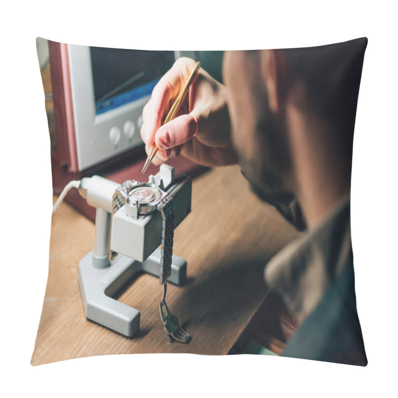 Personality  Selective Focus Of Clockmaker Working With Wristwatch And Watch Tester At Table Pillow Covers