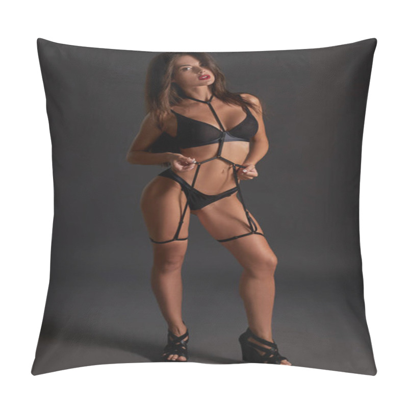 Personality  Beautiful Woman In Underwear And Leather Bandage. Sexy Body Girl Weared Swordbelt Posing Against Dark Grey Background. Pillow Covers