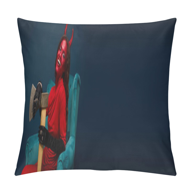 Personality  Dressed In Red With Devil Horns, The Confident Woman Embraces The Halloween Spirit In Style. Pillow Covers