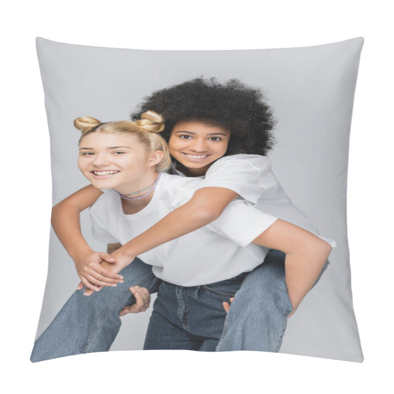 Personality  Teen African American Girl In Jeans And White T-shirt Hugging Blonde Girlfriend While Looking At Camera And Standing Isolated On Grey, Energetic Teenage Models Spending Time Pillow Covers