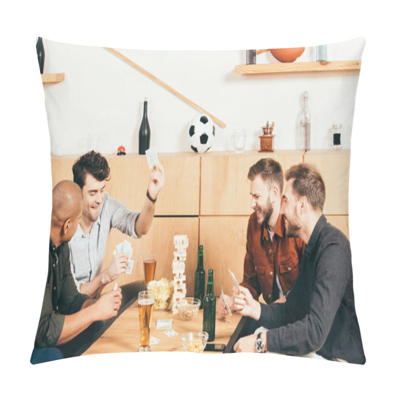 Personality  Multicultural Men Playing Cards While Spending Time Together In Cafe Pillow Covers