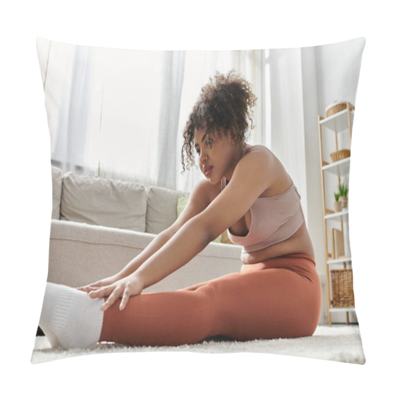 Personality  A Young Woman Enjoys Stretching In Her Cozy Living Space. Pillow Covers