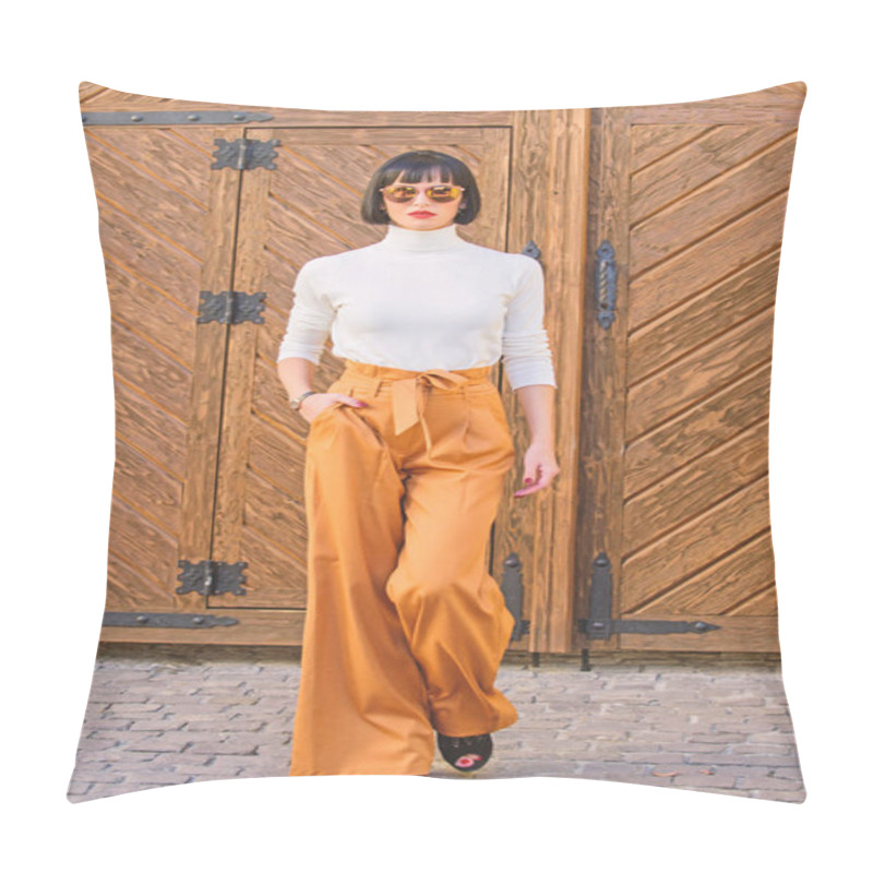 Personality  Fashionable Outfit Slim Tall Lady. Fashion And Style Concept. Woman Walk In Loose Pants. Woman Fashionable Brunette Stand Outdoors Wooden Background. Girl With Makeup Posing In Fashionable Clothes Pillow Covers