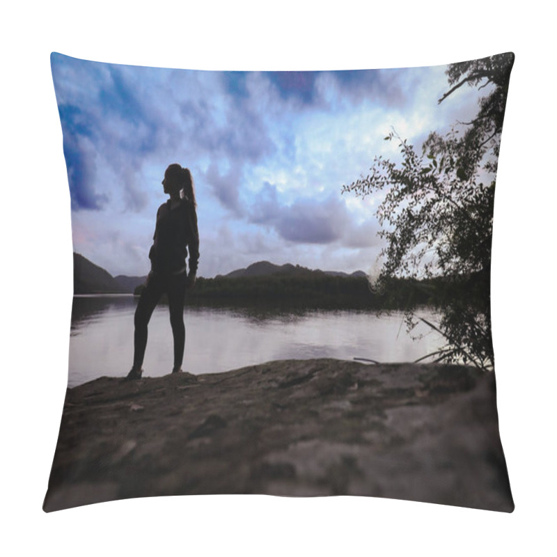 Personality  Silhouette Image Of Fit Woman Standing On Rock By River At Twilight. Pillow Covers