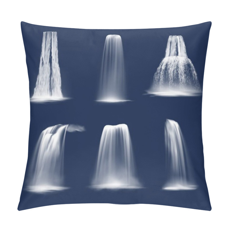 Personality  Waterfalls And Water Fall Cascades Realistic Vector Design Of Mountain River Streams Falling Down With Splashes, Fog Or Mist And Drops. Ledge, Plunge And Horsetail Waterfalls On Blue Background Pillow Covers