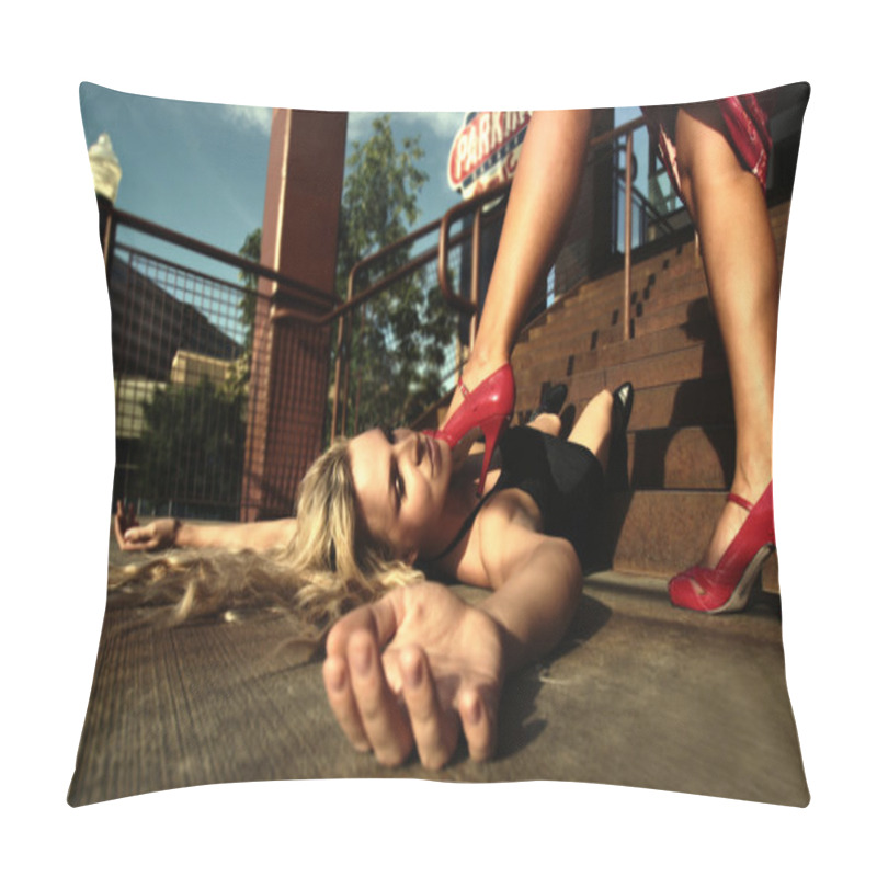 Personality  Woman Holding Her Foot On Another Woman Pillow Covers