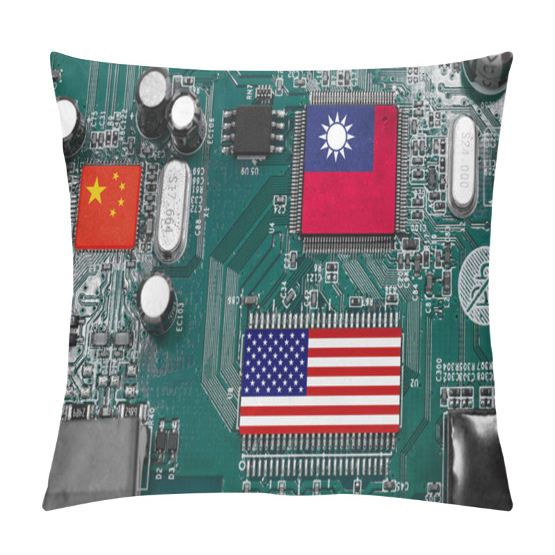 Personality  Taiwan US And China Flag On Digital Electronics Chips For Chip War Global World Leading Chip Factory Competition Concept. Pillow Covers