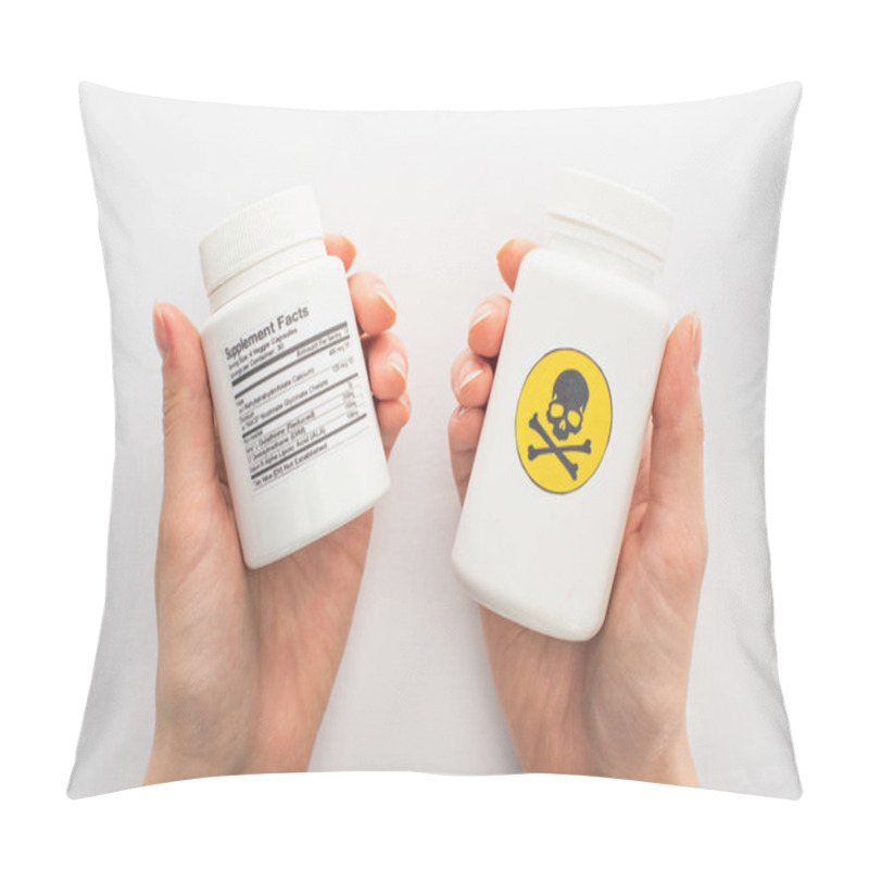 Personality  Cropped View Of Woman Holding Containers With Dietary Supplements And Dangerous Poison On White  Pillow Covers