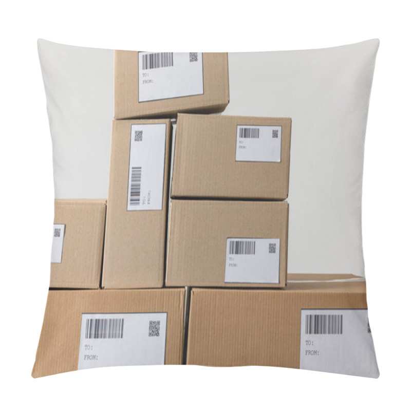 Personality  Cards With Qr And Barcodes On Stacked Cardboard Boxes Isolated On Grey Pillow Covers