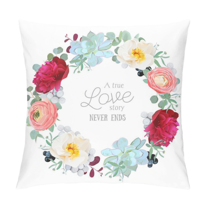 Personality  Seasonal Mixed Round Frame With Peony, Ranunculus, Succulents, W Pillow Covers