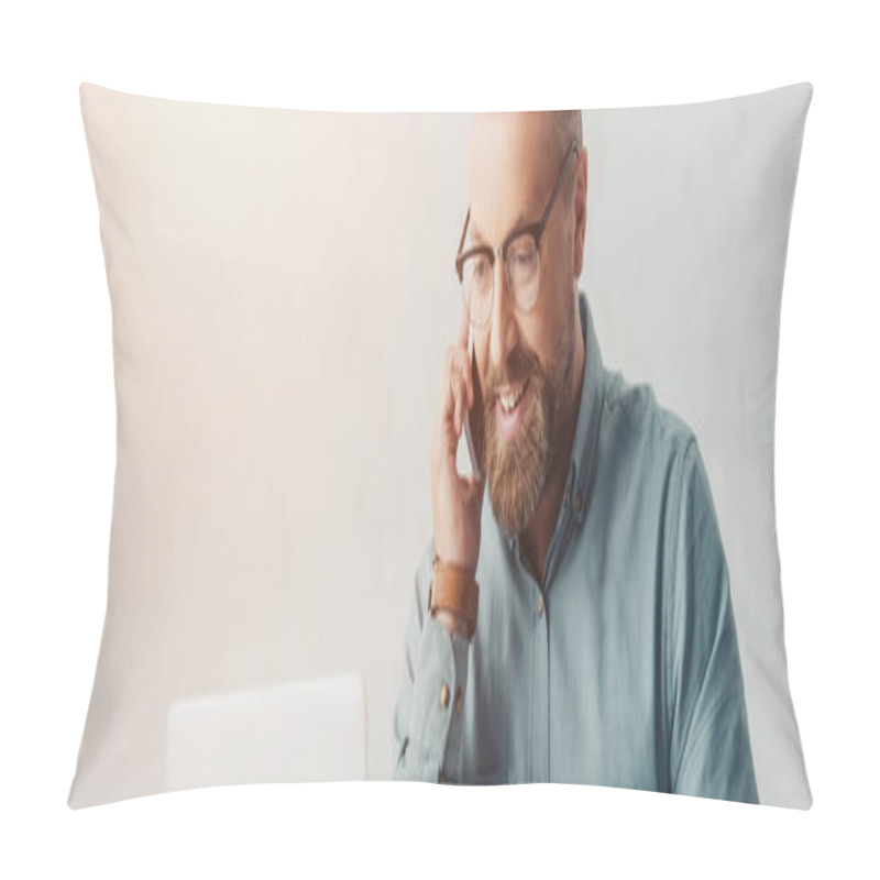 Personality  Panoramic Shot Of Businessman Man In Shirt And Glasses Talking On Smartphone  Pillow Covers