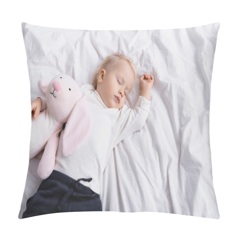 Personality  Overhead View Of Toddler Boy Sleeping On White Bedding With Toy Bunny Pillow Covers