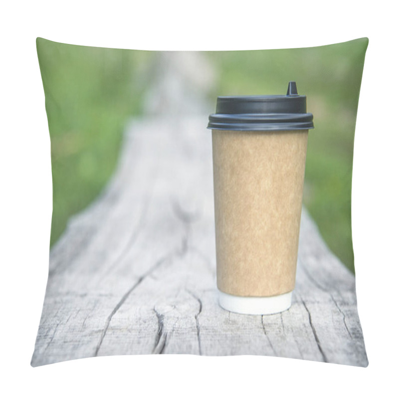 Personality  Close-up Paper Cup Of Coffee On Natural Background On A Wooden Bench. For A Coffee Shop Pillow Covers