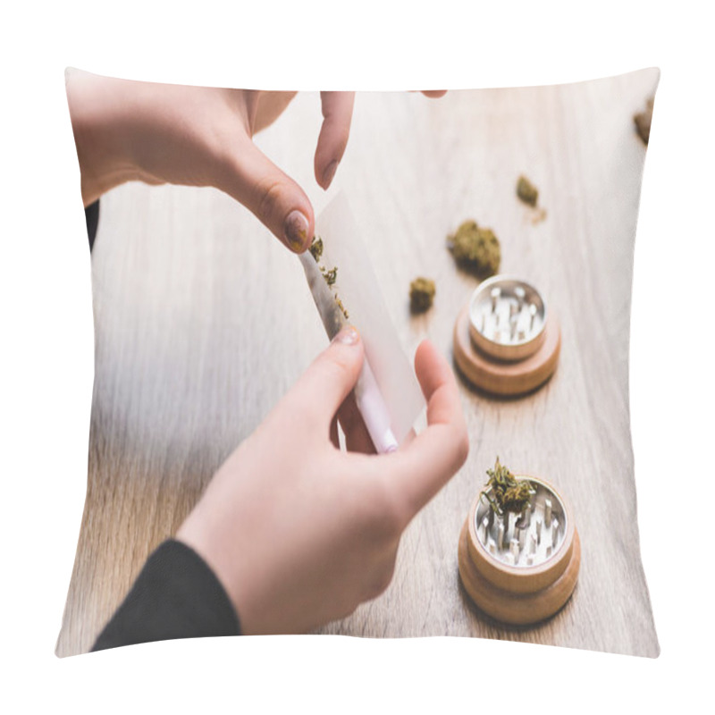 Personality  Cropped View Of Woman Making Joint From Weed And Sitting At Table With Herb Grinder  Pillow Covers