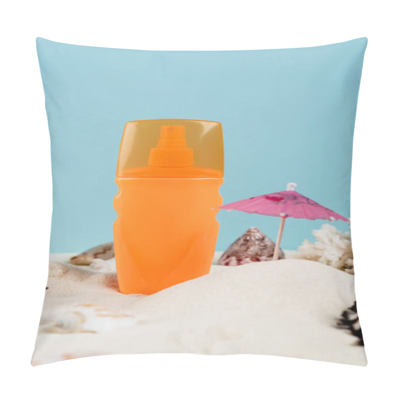 Personality  Orange Spray Bottle Of Sunblock Near Seashells On Sand Isolated On Blue Pillow Covers