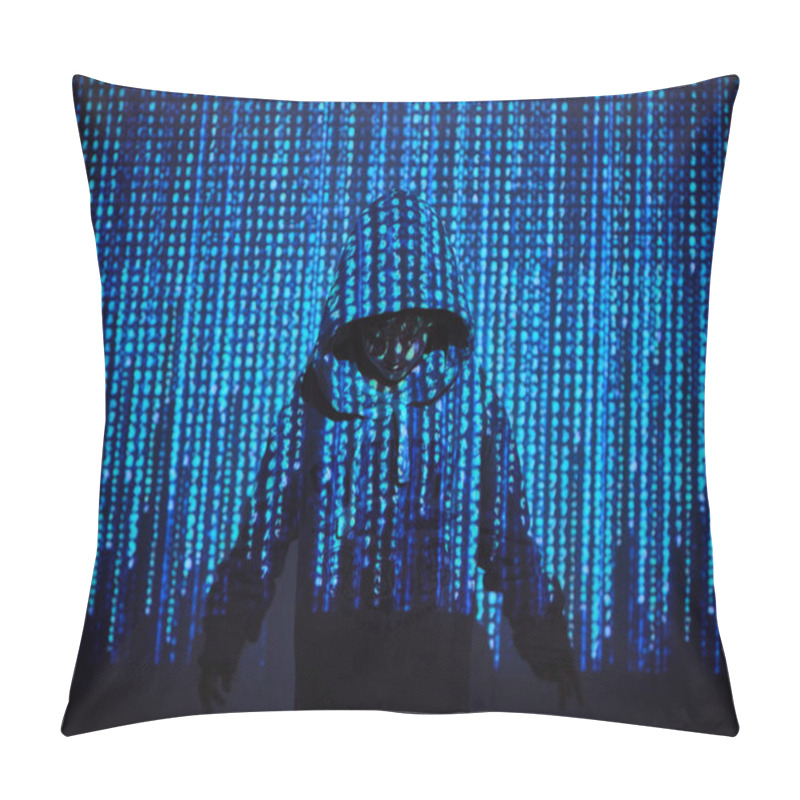 Personality  Anonymous Hacker Boy In Hoodie Standing In Projection Of Blue Binary Code In Dark Room Pillow Covers