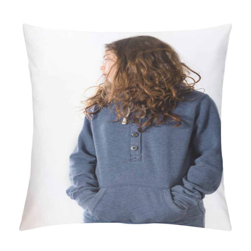 Personality  Teen With Lazy Face Wearing A Blue Sweatshirt While Posing Pillow Covers