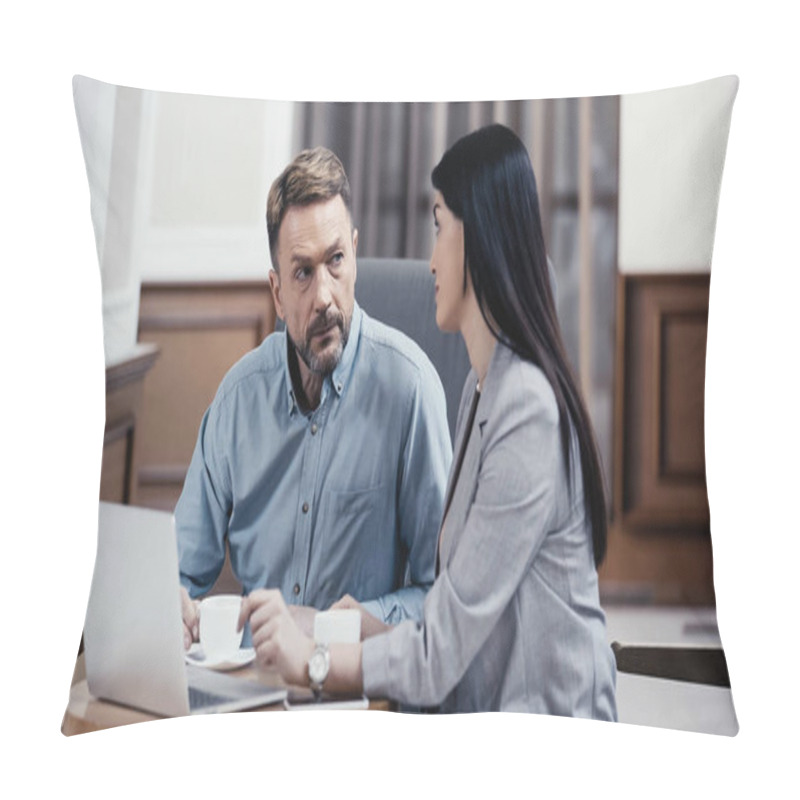 Personality  Business Partners Talking Over Coffee Near Laptop In Lobby Of Restaurant Pillow Covers