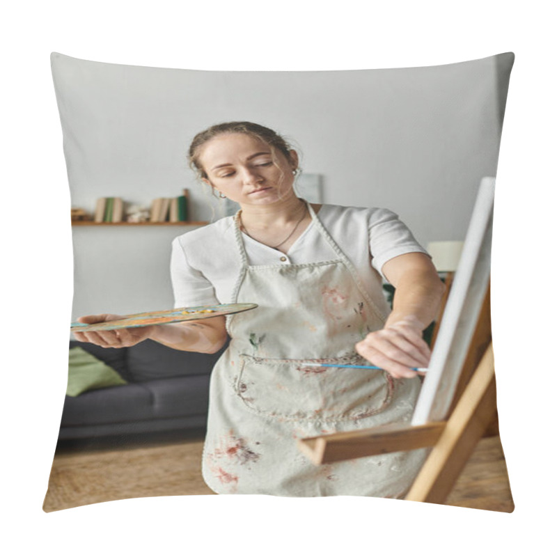 Personality  A Talented Woman Expresses Herself Through Vibrant Painting In A Stylish Studio. Pillow Covers