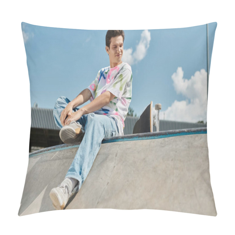 Personality  A Young Man Sits Confidently On A Skateboard Ramp In A Vibrant Outdoor Skate Park On A Sunny Summer Day. Pillow Covers