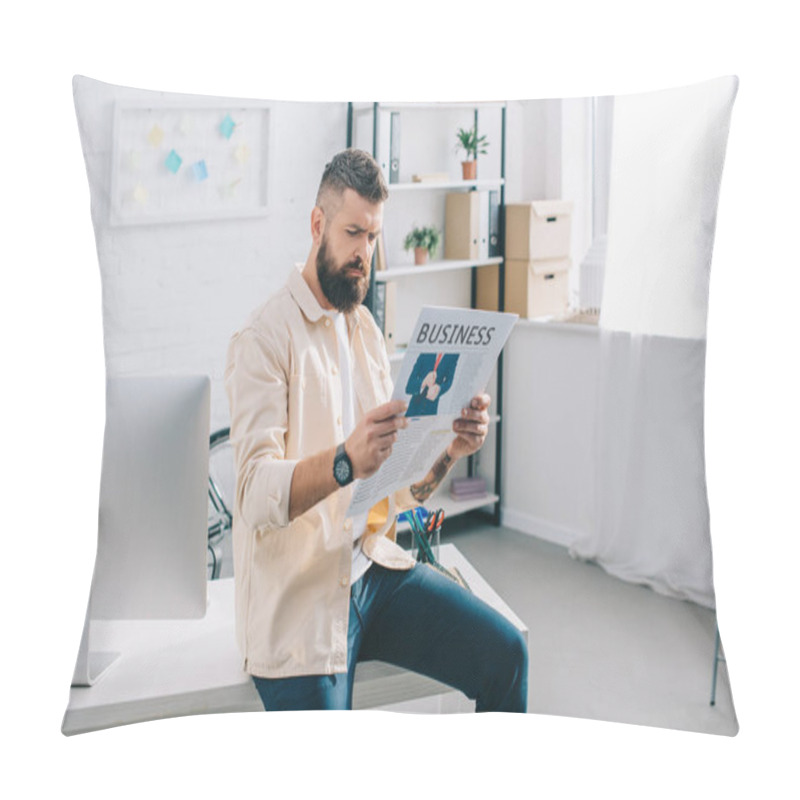 Personality  Casual Businessman Sitting And Reading Newspaper In Modern Office  Pillow Covers