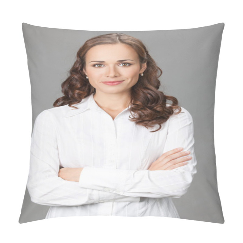 Personality  Smiling Businesswoman, Over Gray Pillow Covers