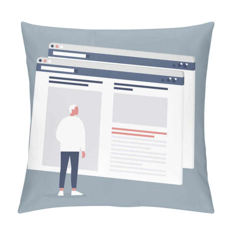 Personality  Male Internet User Visiting A Webpage. Lifestyle Media. Website Layout. Content. Technology. Flat Editable Vector Illustration, Clip Art Pillow Covers