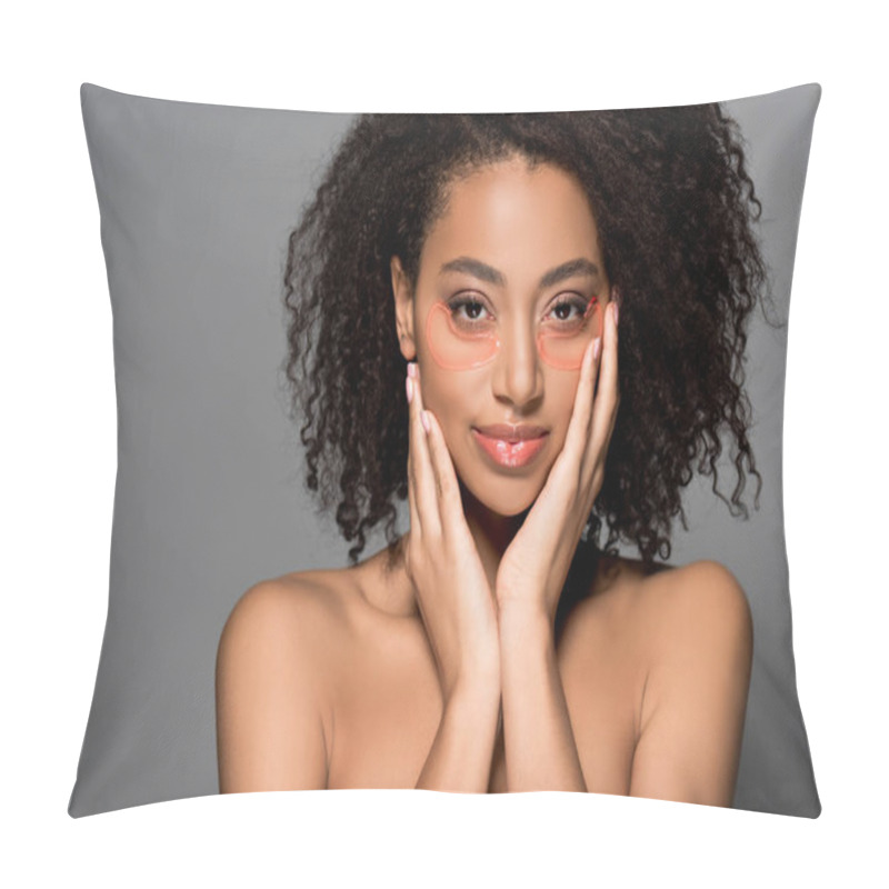 Personality  Naked African American Girl With Hydrogel Eye Patches, Isolated On Grey Pillow Covers