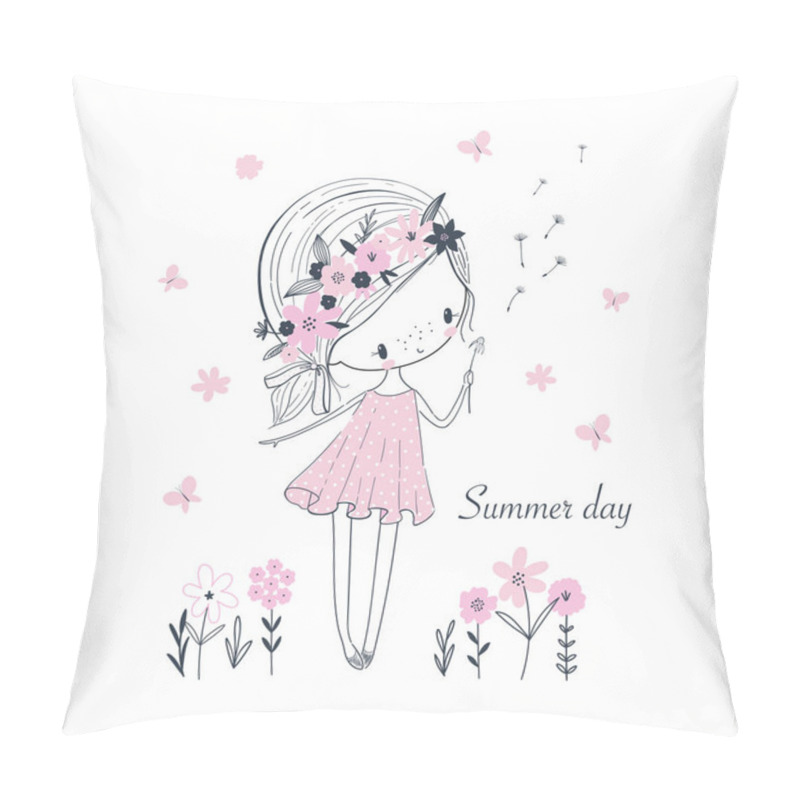 Personality  Cute Little Cartoon Girl White Flowers. Childish Vector Isolated Pillow Covers