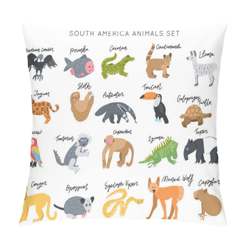 Personality  South America Animal Vector Illustration Clipart Set. Kids Design Posters Bundle. Wild Mammal Drawing In Scandinavian Style. Handwritten Lettering. Exotic Wildlife.  Pillow Covers