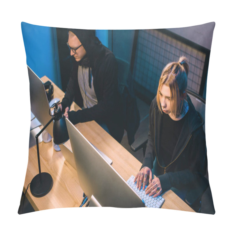 Personality  High Angle View Of Couple Of Hackers Working On Malware Pillow Covers