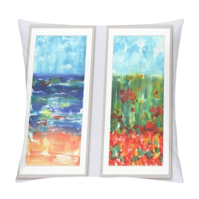 Personality  Set Of Two Art Paintings. Summer Landscape, Sea View, Beach, Field, Flowers, Blue Sky. Summer Warm Day. Pillow Covers