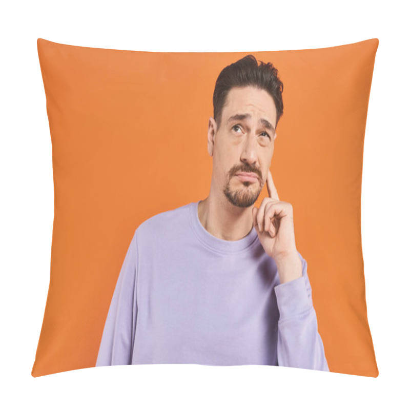 Personality  Bearded Man In Purple Sweater And Jeans Suffering From Toothache On Orange Background, Pain Pillow Covers