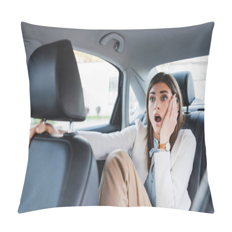 Personality  Scared Woman Holding Hand On Face While Sitting On Back Seat Of Car On Blurred Foreground Pillow Covers