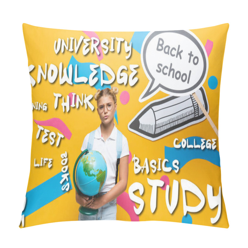 Personality  Thoughtful Schoolkid With Globe Standing Beside Paper Art With Back To School Lettering And Illustration On Yellow  Pillow Covers