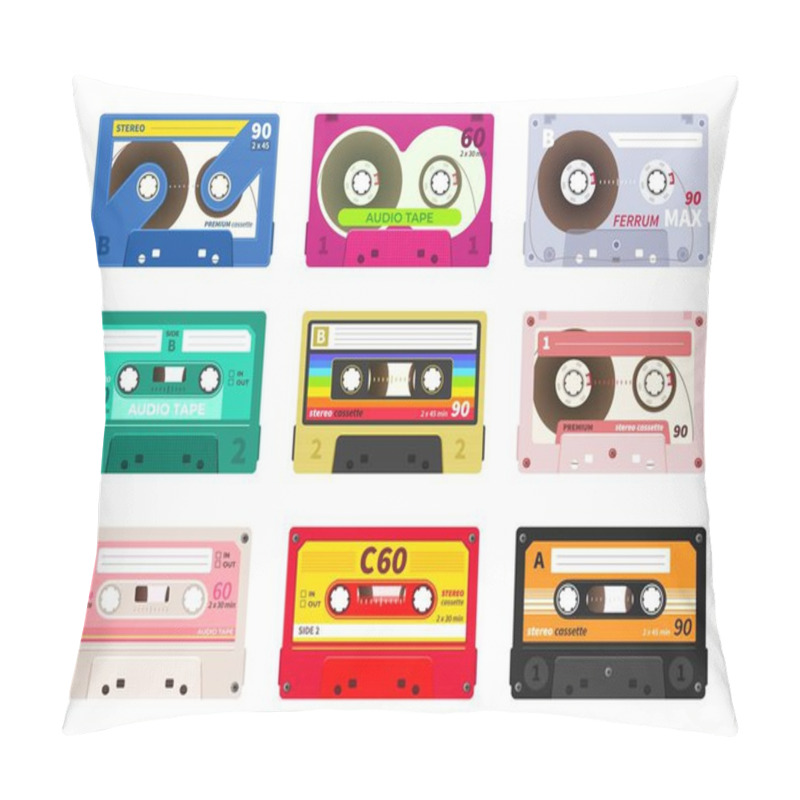 Personality  Vintage Music Cassettes. Retro Dj Sound Tape, 1980s Rave Party Stereo Mix, Old School Record Technology. Vector Old 90s Cassettes Set Pillow Covers