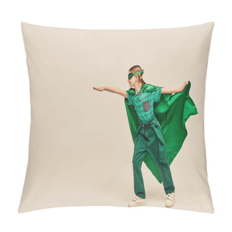 Personality  Side View Of Happy Kid In Superhero Costume And Mask Holding Green Cloak And Standing With Outstretched Hand While Celebrating Child Protection Day Holiday On Grey Background  Pillow Covers