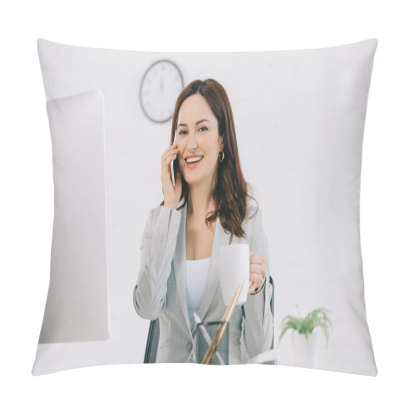 Personality  Cheerful Secretary Holding Coffee Cup And Talking On Smartphone While Sitting At Workplace Pillow Covers