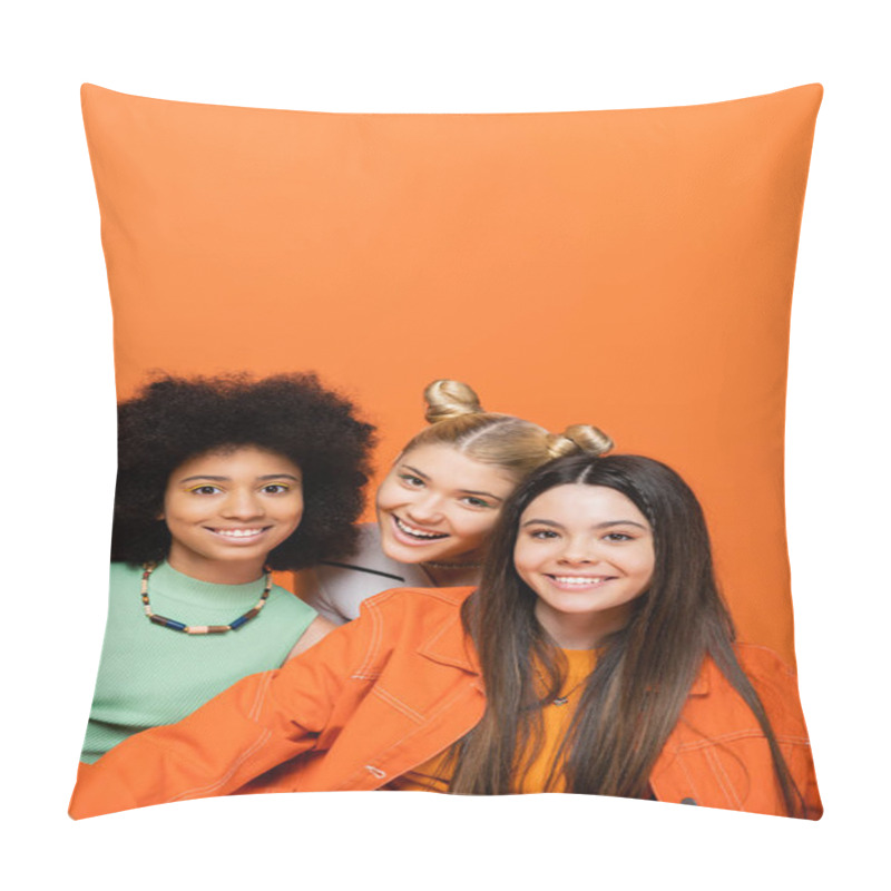 Personality  Positive Blonde Teenage Girl Looking At Camera Near Stylish Multiethnic Girlfriends With Bold Makeup While Standing Isolated On Orange, Cool And Confident Multicultural Teenage Girls, Diverse Races  Pillow Covers