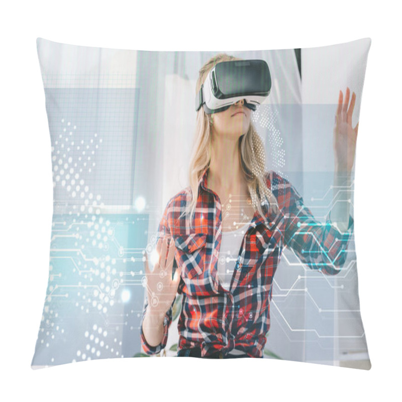 Personality  Young Woman In Virtual Reality Headset Pointing At Cyber Security Signs In Room Pillow Covers