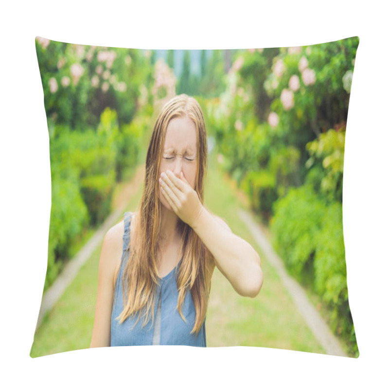 Personality  Young Pretty Woman Blowing Nose In Front Of Blooming Tree. Spring Allergy Concept Pillow Covers