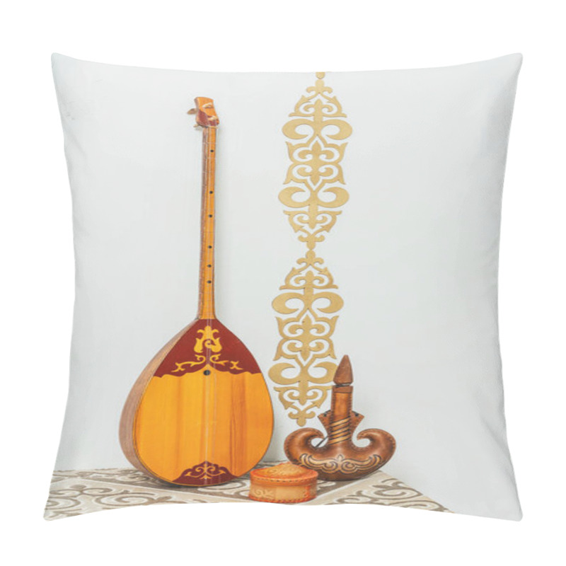 Personality  Kazakh National Musical Instrument Dombra On A White Background. National Kazakh Decor Gold Ornaments And Household Items. Kazakh Kyrgyz Ethnic Background Pillow Covers