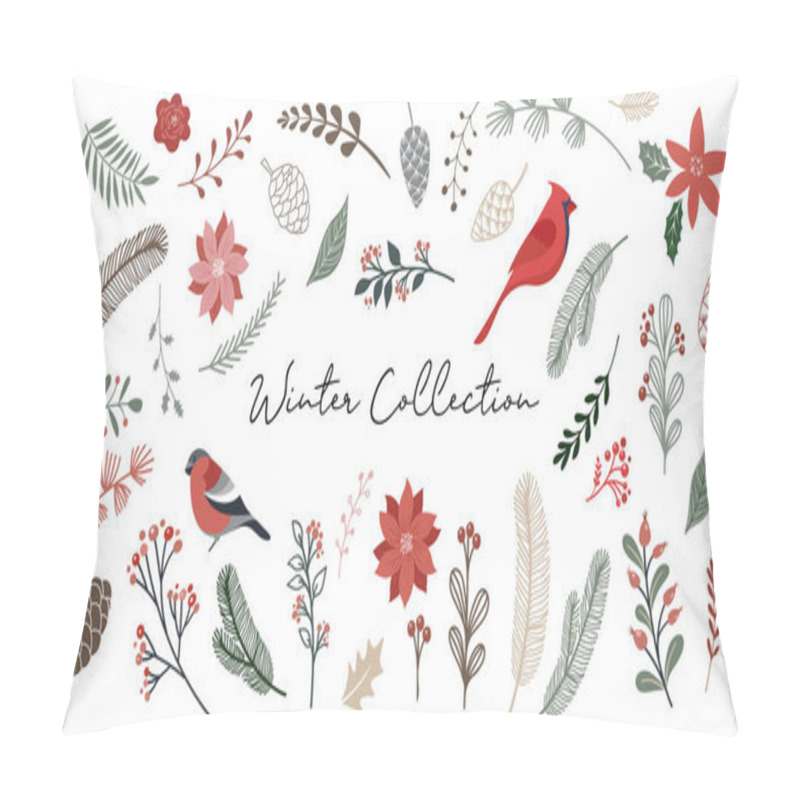 Personality  Botanical Christmas, Xmas Elements, Winter Flowers, Leaves, Birds And Pinecones Isolated On White Backgrounds.  Pillow Covers